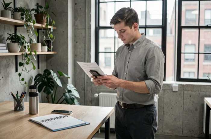 Étudiant consultant son contrat de travail et calculant ses heures légales autorisées dans un espace de coworking