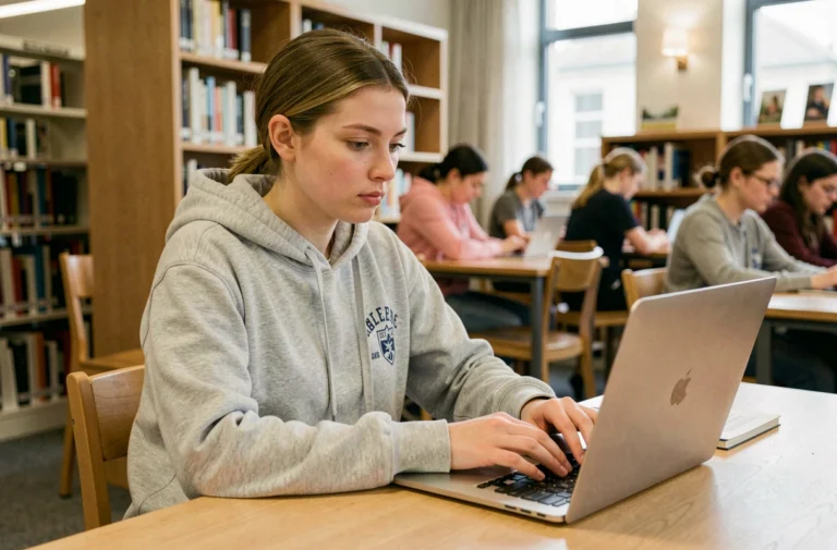 Étudiante gérant ses accès ENT Sciences Po Bordeaux sur un ordinateur portable dans une bibliothèque universitaire