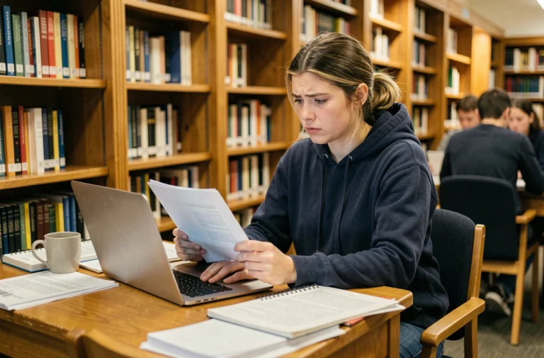 Étudiante calculant ses heures de travail autorisées sur son ordinateur dans une bibliothèque universitaire