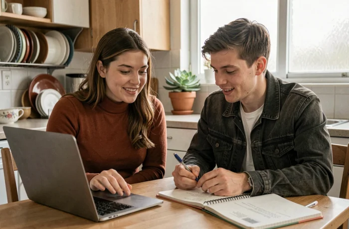 Deux étudiants calculant ensemble le nombre d'heures autorisées pour leur contrat étudiant à domicile
