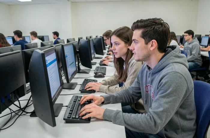 Deux étudiants collaborant pour sécuriser leurs accès ENT sur un poste informatique en salle universitaire