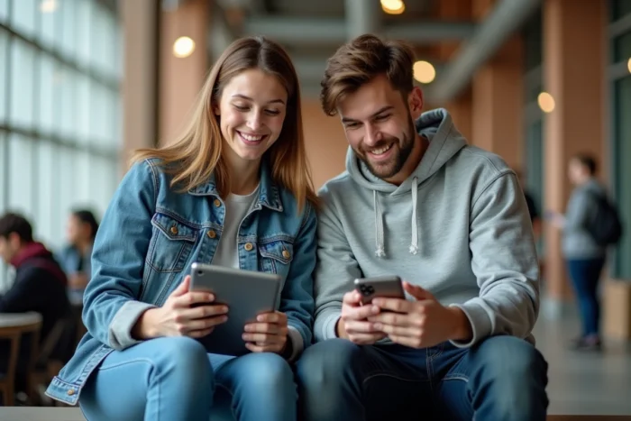Deux jeunes adultes consultant des articles et tutoriels informatiques sur tablette et smartphone dans un espace commun universitaire