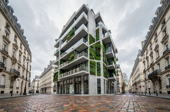 Façade d'immeuble contemporain aux balcons en porte-à-faux et jardins verticaux intégrés dans un tissu urbain historique