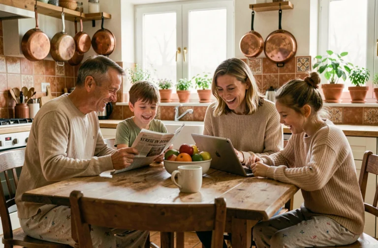 Famille réunie autour de la table de cuisine le matin pour lire les actualités ensemble sur tablette et journal papier