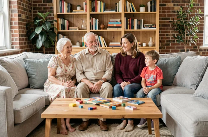 Famille multigénérationnelle réunie dans un salon moderne avec grands-parents, parents et petits-enfants jouant ensemble