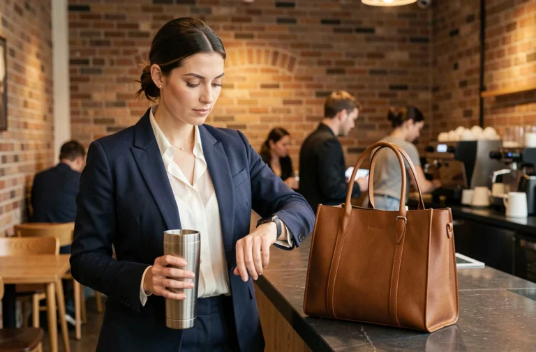 Femme active et élégante dans un café urbain avec sac en cuir, montre connectée et tumbler réutilisable, accessoires indispensables du quotidien