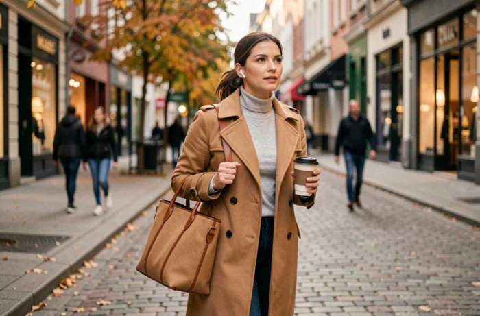 Femme active marchant en ville avec un manteau camel, sac de travail structuré, café à emporter et écouteurs sans fil, illustration des accessoires clés pour les femmes dynamiques