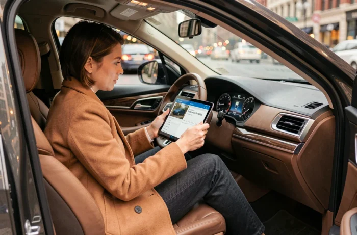 Femme consultant des actualités automobiles sur tablette assise dans un SUV crossover moderne