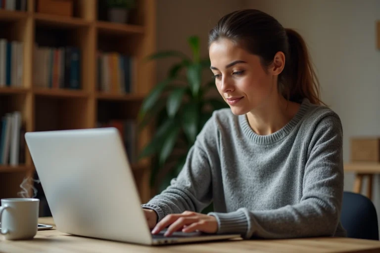 Femme consultant les dernières actualités du web sur son ordinateur portable dans un bureau à domicile moderne