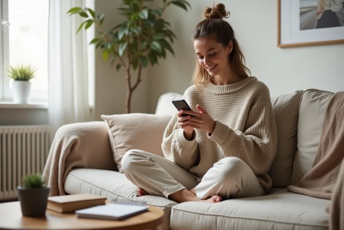 Jeune femme utilisant une application de productivité sur smartphone pour simplifier son quotidien à la maison