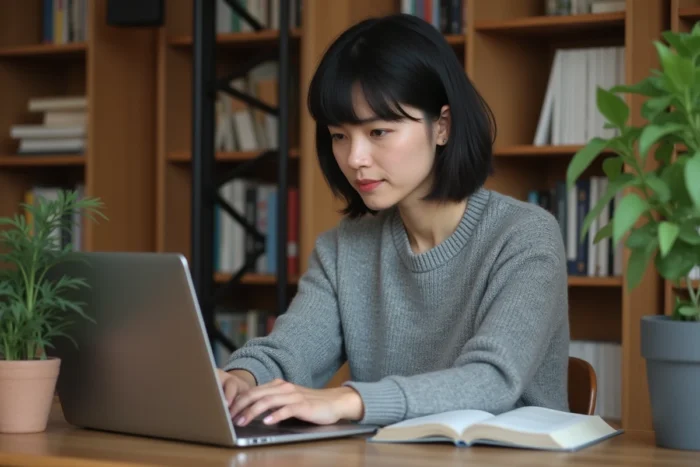 Femme concentrée travaillant sur un ordinateur portable dans un bureau à domicile cosy entouré de livres informatiques