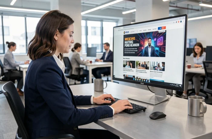Femme professionnelle consultant les dernières tendances tech et actualités digitales sur un grand écran ultrawide dans un bureau moderne