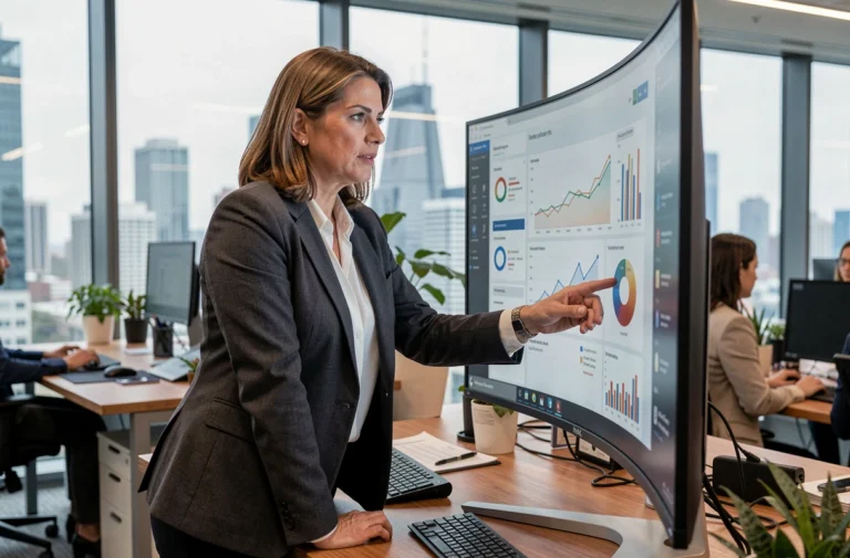 Femme cadre analysant les tendances business sur un écran dans un bureau moderne en 2024