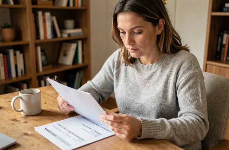 Femme calculant ses heures de travail sur une feuille de pointage hebdomadaire à son bureau à domicile