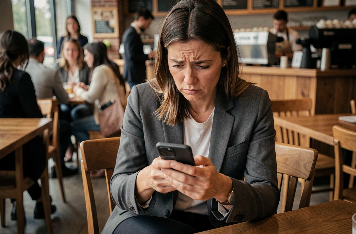 Femme consultant son téléphone dans un café, expression de malaise face aux commentaires sexistes sur les réseaux sociaux