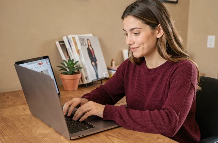 Jeune femme consultant le plan du site d'une boutique de mode en ligne sur son ordinateur portable dans un bureau cosy