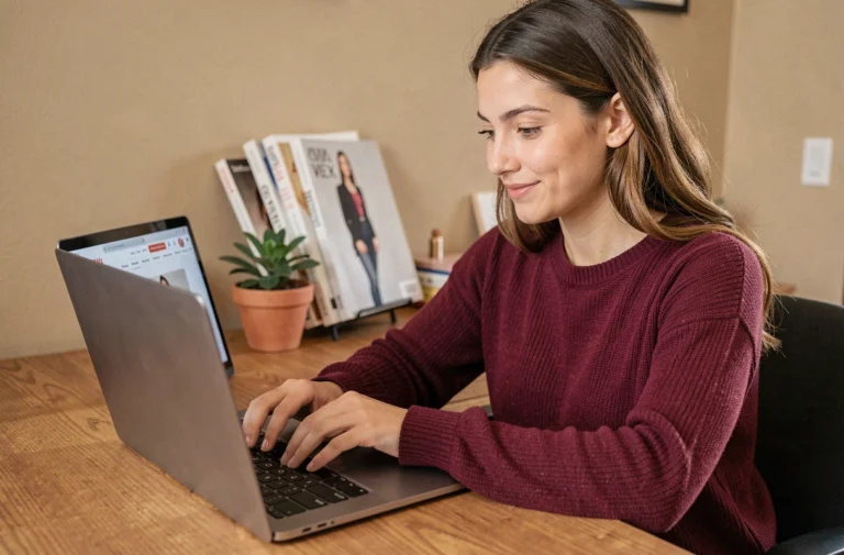 Jeune femme consultant le plan du site d'une boutique de mode en ligne sur son ordinateur portable dans un bureau cosy