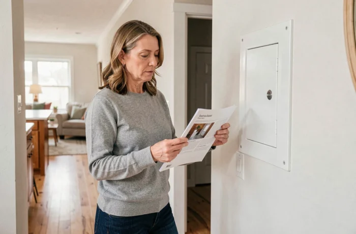 Femme consultant un guide pour choisir et identifier son tableau électrique dans un couloir de maison moderne