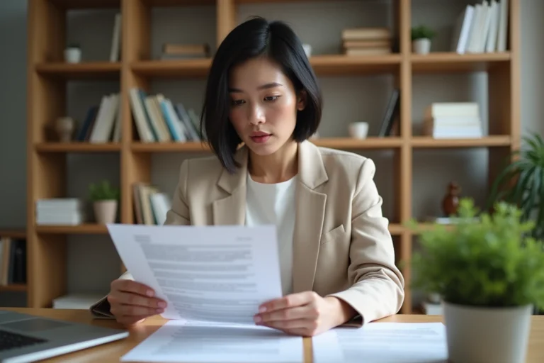 Femme consultant un contrat d'assurance auto MAE à son bureau à domicile