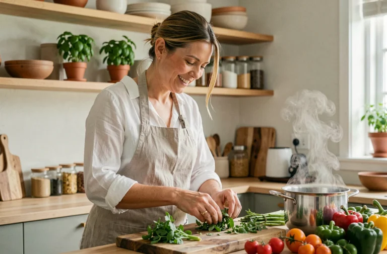 Femme cuisinant avec des herbes fraîches et des légumes colorés dans une cuisine rustique chaleureuse