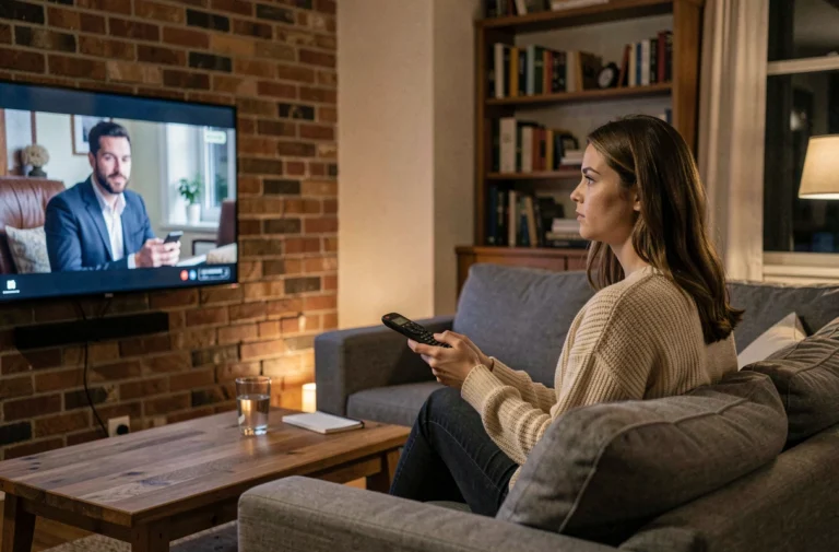 Femme regardant un documentaire en streaming sur sa télévision dans un salon cosy le soir