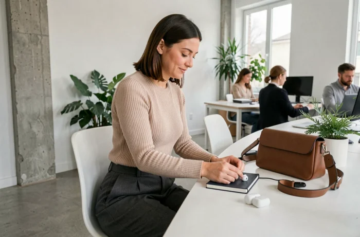 Jeune femme dynamique à son bureau dans un espace de coworking entourée de ses accessoires essentiels : agenda, écouteurs sans fil, chargeur portable et sac bandoulière