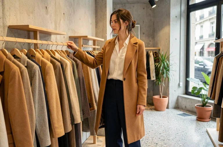 Femme élégante en manteau camel explorant des vêtements dans une boutique de mode parisienne au style minimaliste