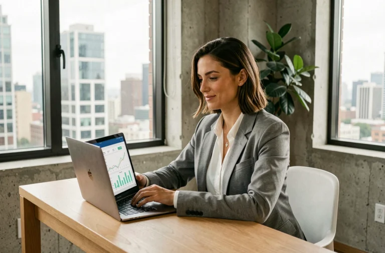 Femme entrepreneur travaillant sur son business en ligne depuis un bureau à domicile moderne avec un ordinateur portable