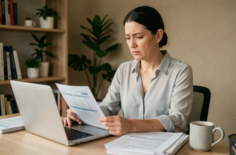 Femme consultant des factures impayées sur un bureau en bois dans un bureau à domicile moderne