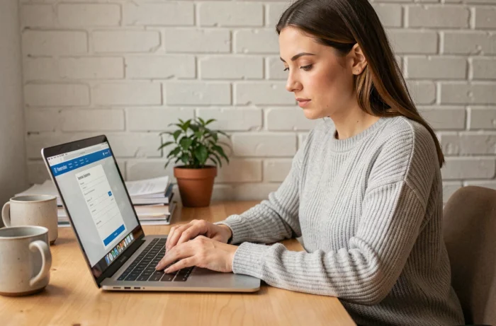Femme utilisant un ordinateur portable pour remplir un formulaire PDF en ligne dans un bureau à domicile organisé