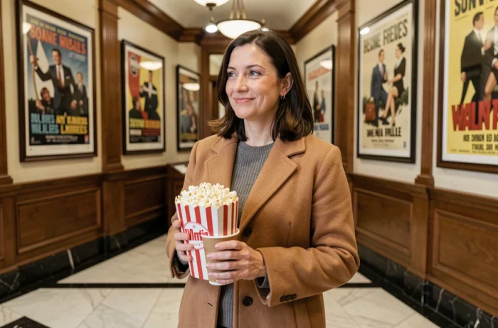 Femme souriante tenant du popcorn dans le hall élégant d'un cinéma classique avant une séance