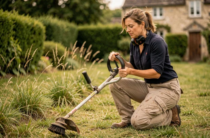 Femme inspectant la tête de coupe d'une débroussailleuse thermique au bord d'un jardin rural fraîchement débroussaillé