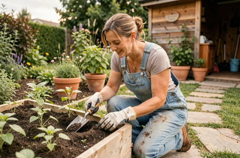 Femme jardinant avec une truelle et des gants dans un potager surélevé en bois, équipement de jardinage visible au premier plan