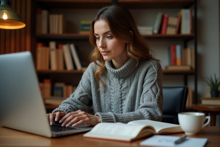 Femme concentrée jouant à Cemantix sur un ordinateur portable dans un bureau à domicile chaleureux avec des livres en arrière-plan