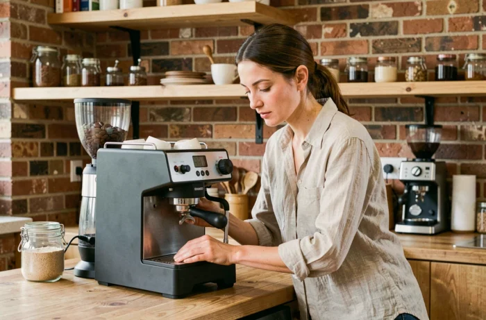 Femme utilisant une machine à expresso compacte dans une cuisine rustique avec accessoires de café et murs en briques apparentes