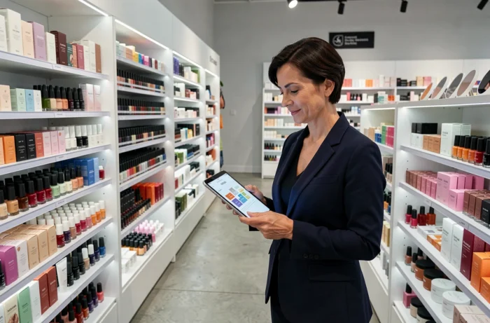 Femme en magasin beauté consultant un plan de site sur tablette numérique
