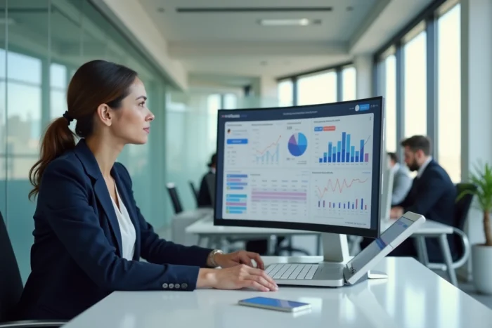 Femme professionnelle analysant des données de marketing digital sur un écran dans un bureau moderne