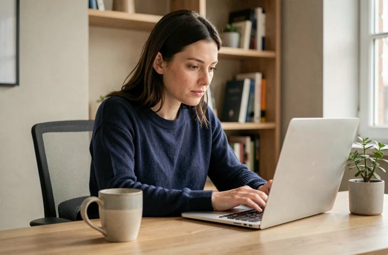 Femme utilisant un ordinateur portable en toute sécurité depuis son bureau à domicile pour naviguer sur internet en 2026