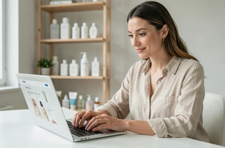 Femme naviguant sur un site beauté depuis un bureau minimaliste scandinave