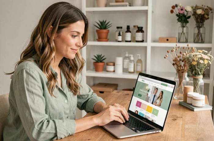 Femme parcourant le plan du site d'une marque de beauté naturelle sur un ordinateur portable dans un bureau cosy