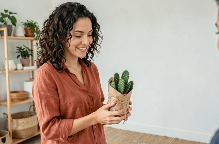 Femme offrant un cactus en pot emballé dans du papier kraft comme cadeau original dans un salon scandinave