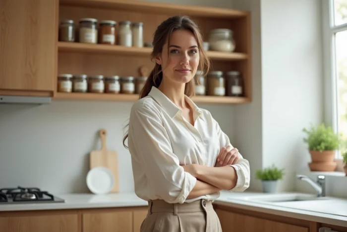 Femme organisant une cuisine minimaliste avec des bocaux en verre étiquetés pour simplifier son quotidien