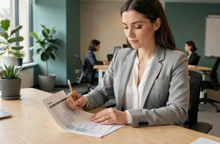Femme professionnelle calculant ses heures de travail sur une feuille de temps imprimée dans un bureau moderne