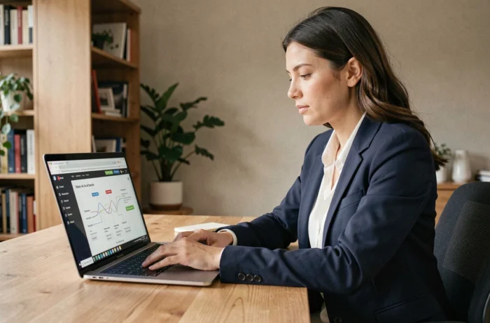 Femme utilisant un plan de site d'emploi sur un ordinateur portable dans un bureau moderne pour optimiser sa recherche d'emploi