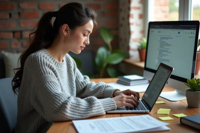 Femme concentrée utilisant des outils de recherche en ligne sur un bureau bien organisé à domicile