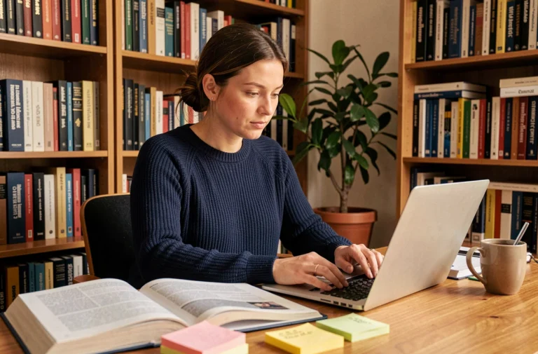 Femme consultant des livres et ressources informatiques à son bureau à domicile