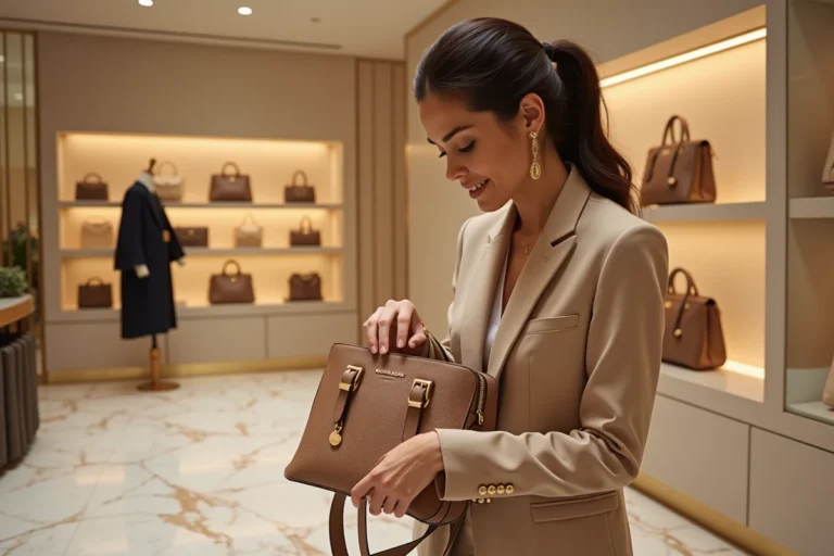 Femme élégante examinant un sac à main Michael Kors dans une boutique de luxe moderne