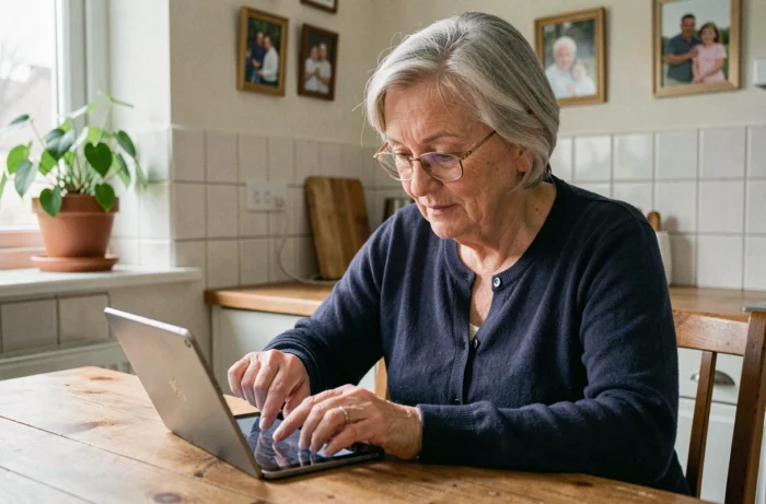 Une femme senior utilisant une tablette numérique pour accéder à des services innovants dédiés aux personnes âgées