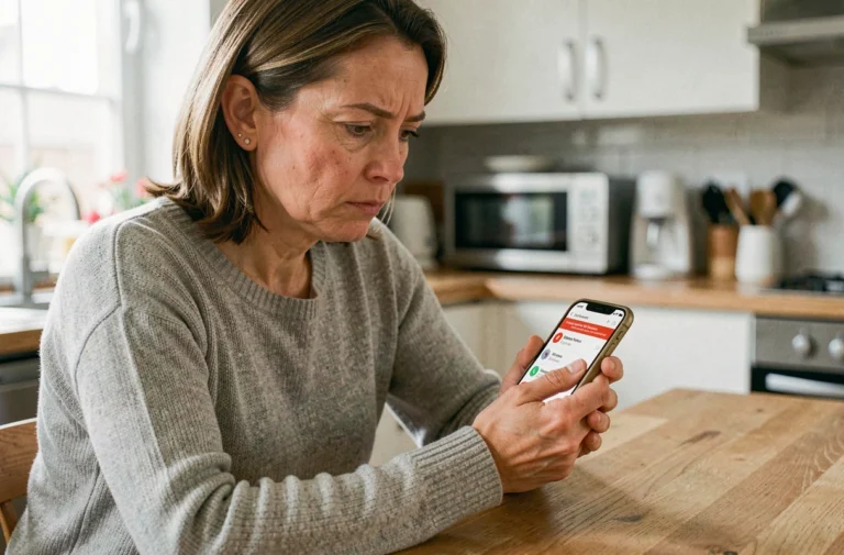 Femme regardant son smartphone avec une expression hésitante face à un numéro signalé comme spam dans son journal d'appels