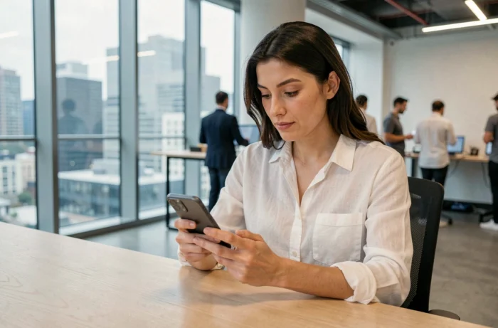 Femme explorant un smartphone pliable dans un bureau tech moderne, illustrant les dernières tendances technologiques
